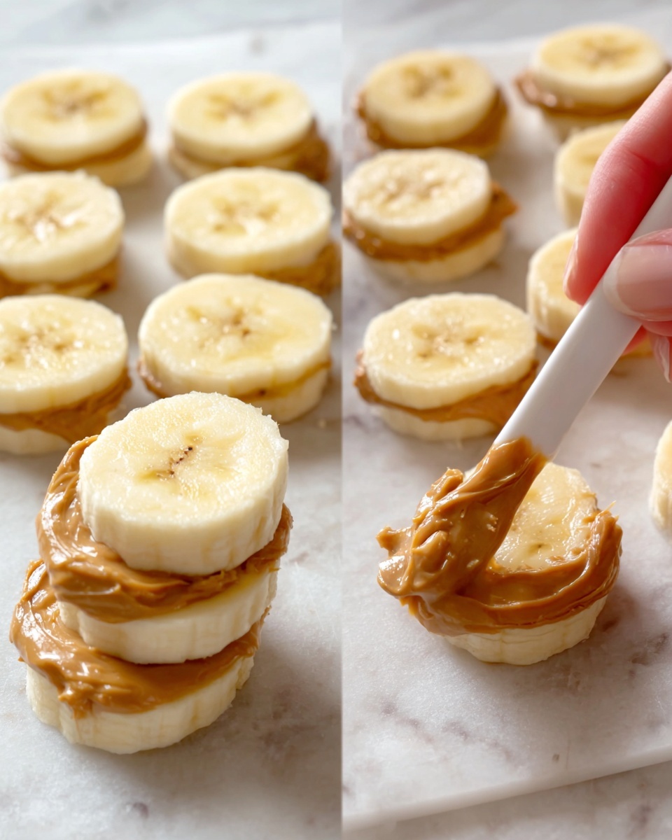 A woman's hand is holding a white utensil spreading light brown peanut butter on a round banana slice, placed on a white marbled surface. Next to it, multiple round banana slices are stacked in two layers: a bottom banana slice with a smooth spread of peanut butter on top, and then another banana slice on the peanut butter layer, arranged closely together on the white marbled surface. The banana slices are light yellow with soft texture, and the peanut butter is creamy with a rich brown color. photo taken with an iphone --ar 4:5 --v 7