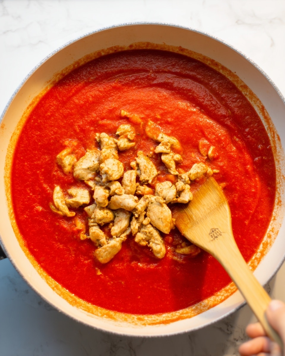 A white pan filled with bright red tomato sauce, smooth and thick, covering the bottom. On top, there are small pieces of cooked chicken with a golden-brown color, scattered over the sauce. A woman's hand is holding a light wooden spatula on the right side, stirring the chicken and sauce. The background and surface around the pan are white marbled. photo taken with an iphone --ar 4:5 --v 7