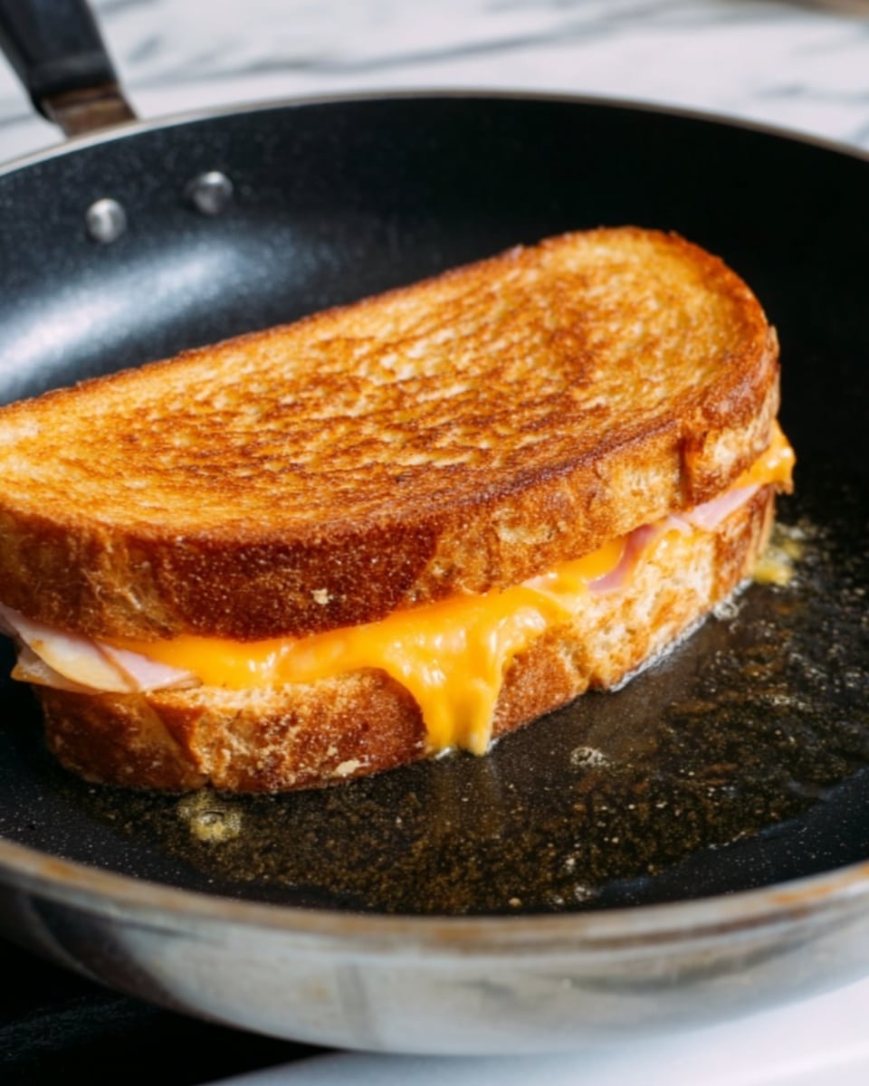 A golden-brown toasted sandwich sits in a black pan on a white marbled surface. The sandwich has two slices of bread with a crispy texture and a slightly darker crust. Inside, there are visible layers of melted cheese that is bright orange and smooth, along with slices of light pink meat. The pan shows a little bit of oil around the sandwich, adding a slight shine to the bread. photo taken with an iphone --ar 4:5 --v 7