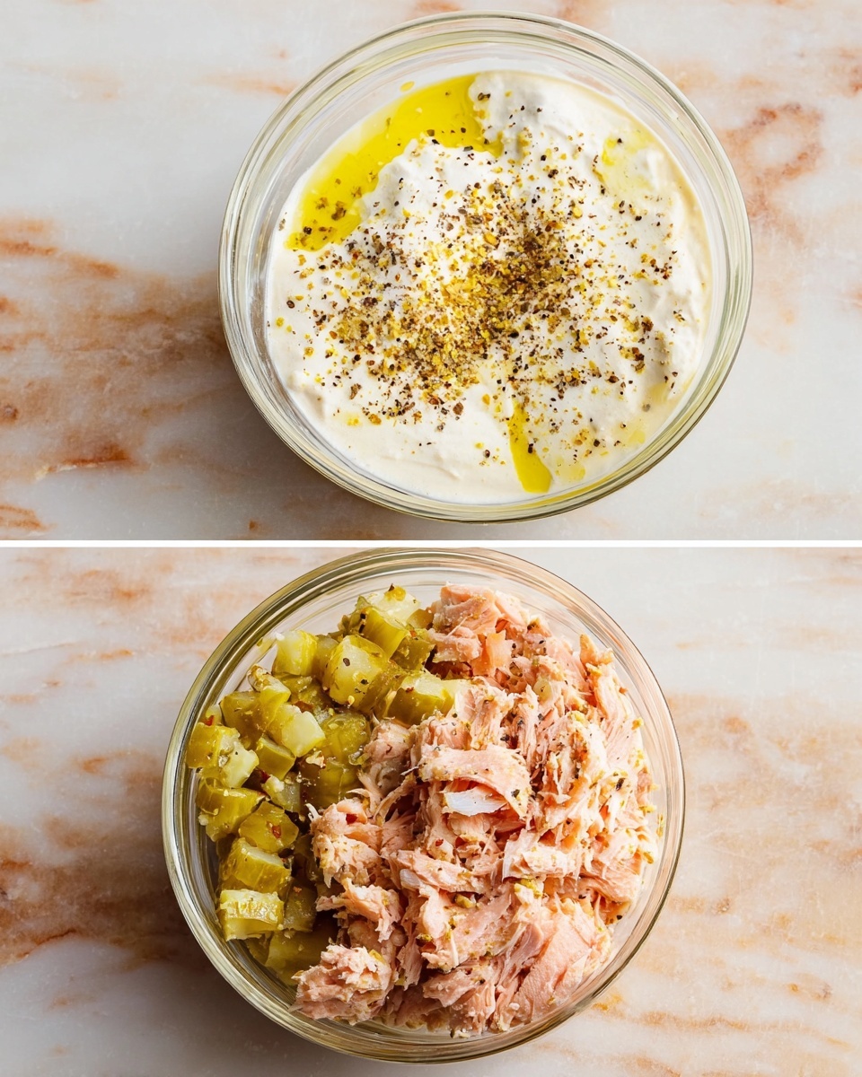 The image shows two clear glass bowls side by side on a white marbled surface. The bowl on the left contains four distinct layers: a bottom layer of diced green pickles, a white creamy layer sitting beside the pickles, sprinkled with coarse black pepper on top, and some golden-yellow oil covering parts of the mix. The bowl on the right has a creamy white base with fine black pepper mixed in, topped with a generous pile of pinkish, shredded cooked salmon pieces that add rough texture and color contrast against the smooth cream underneath. Both bowls are filled to about the same level, clearly showing the layers inside. photo taken with an iphone --ar 4:5 --v 7