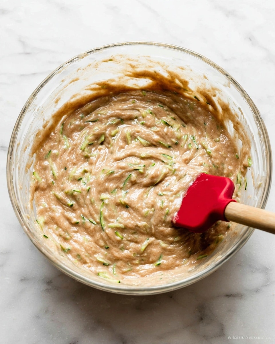 A clear glass bowl holds a thick light brown batter mixed with small green pieces of shredded zucchini. The batter has a smooth and slightly lumpy texture, showing streaks from stirring. A red spatula with a wooden handle is partially submerged on the right side, touching the batter and creating gentle swirls. The bowl is placed on a surface with a white marbled texture. photo taken with an iphone --ar 4:5 --v 7