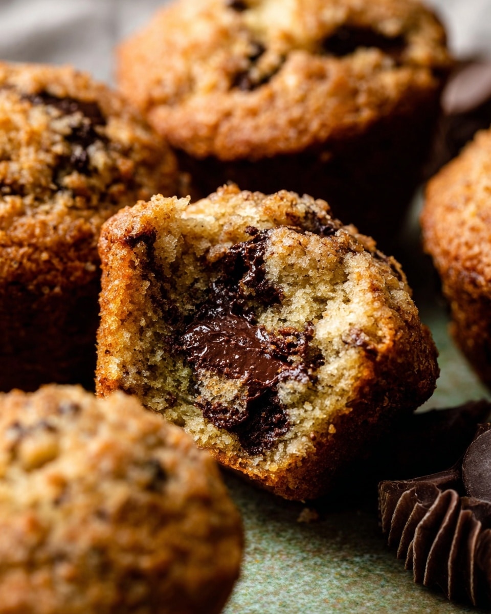 The image shows a close-up of several golden-brown muffins with a rough, crumbly top texture. One muffin in the center is partially open, revealing a soft, moist inside with dark brown melted chocolate pieces scattered inside and on top. The muffins sit closely together on a surface with a slightly greenish tone, with one muffin partly in a dark wrapper. The overall look is warm and inviting, highlighting the contrast between the crunchy top and the soft chocolate-filled inside. photo taken with an iphone --ar 4:5 --v 7