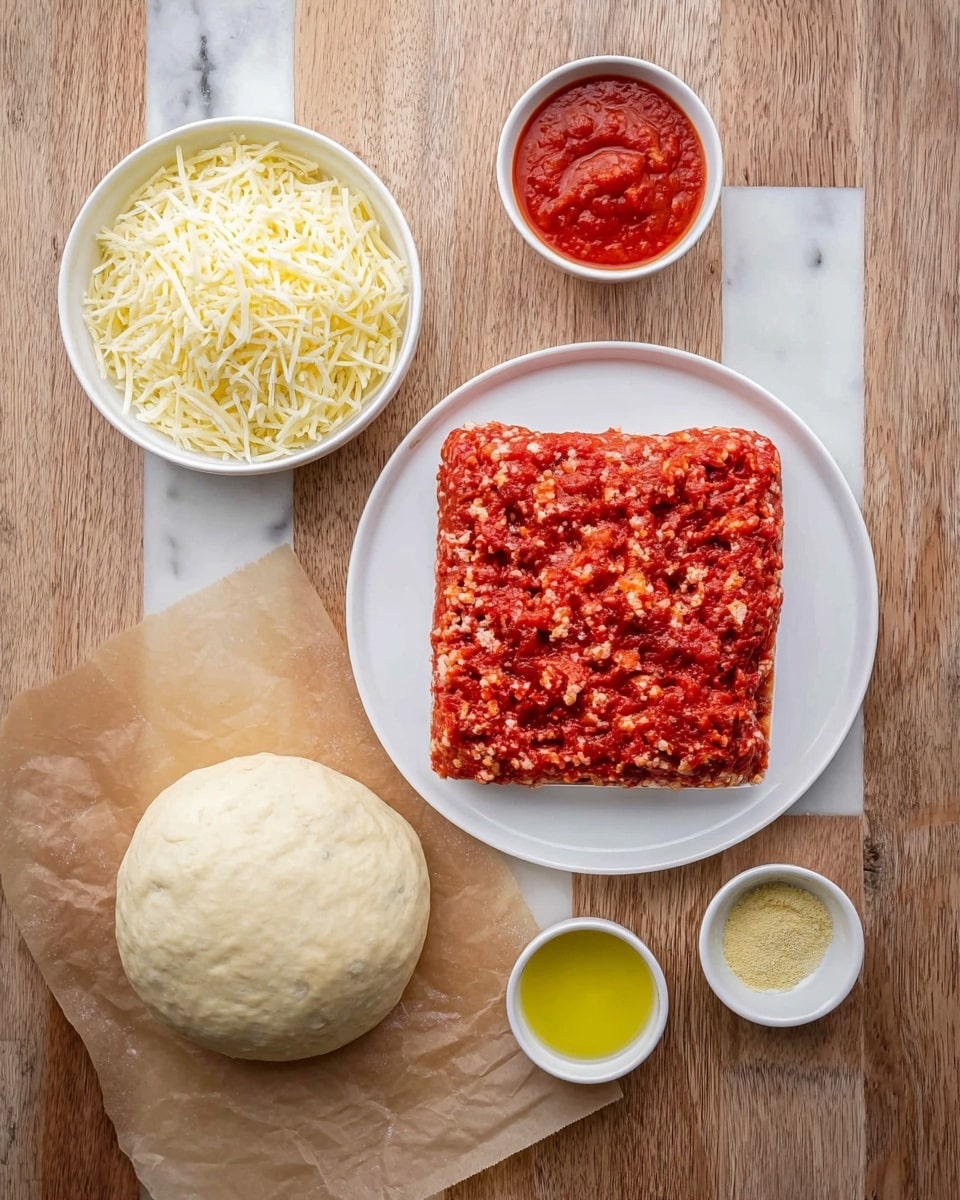 The image shows five items laid out on a wooden surface. In the center, there is a white plate with a rectangular layer of bright red ground meat mixed with small bits of fat or seasoning. Above the plate, there are two white bowls, one filled with bright red tomato sauce and the other with a large pile of shredded pale yellow cheese with a soft texture. Below and to the left of the plate, there is a ball of smooth, pale dough resting on brown parchment paper. Below and to the right of the plate, there are two small white bowls, one containing a pale yellow powder, likely a seasoning, and the other with a clear, light yellow oil. The background is a white marbled texture. photo taken with an iphone --ar 4:5 --v 7