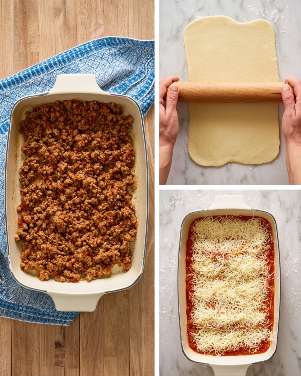The first image shows a pan filled with cooked ground meat, brown and crumbly in texture, sitting on a white marbled surface with a blue and white cloth beside it. The second image features a woman's hand rolling out a light tan dough rectangle with a wooden rolling pin on the same white marbled surface. The third image displays a rectangular white baking dish with three clear layers: the bottom is covered with a red tomato sauce, the middle has a layer of cooked ground meat similar to the first image, and the top is sprinkled with shredded cheese that is pale yellow and light brown; the dish rests on the white marbled surface. Photo taken with an iphone --ar 4:5 --v 7