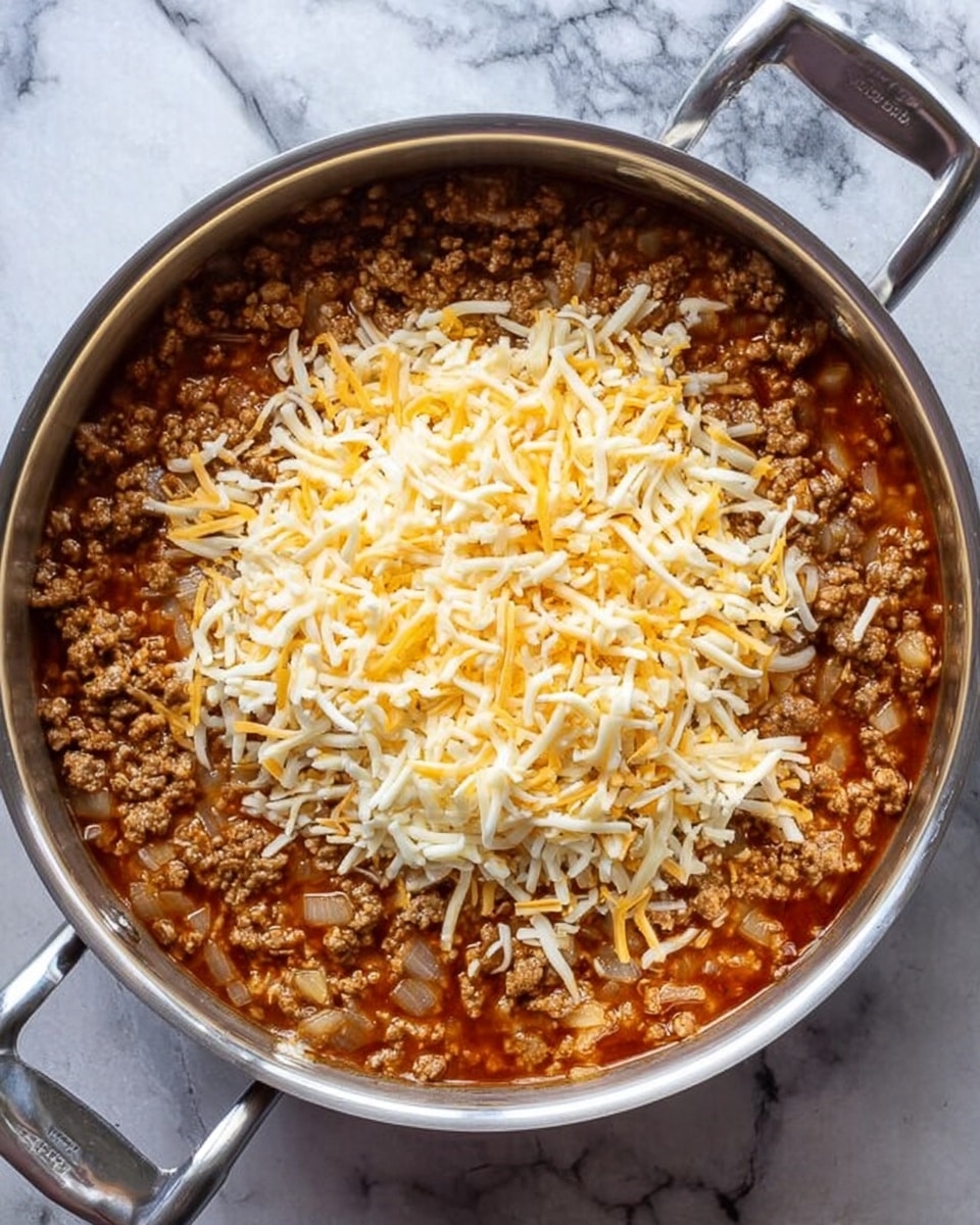 A top view of a round silver pan filled with cooked ground meat mixed with small pieces of onion in a red sauce. On top of the meat mixture is a loose pile of shredded cheese, mostly white and some yellow, covering the center of the pan. The pan is on a white marbled surface with handles visible on the sides. photo taken with an iphone --ar 4:5 --v 7