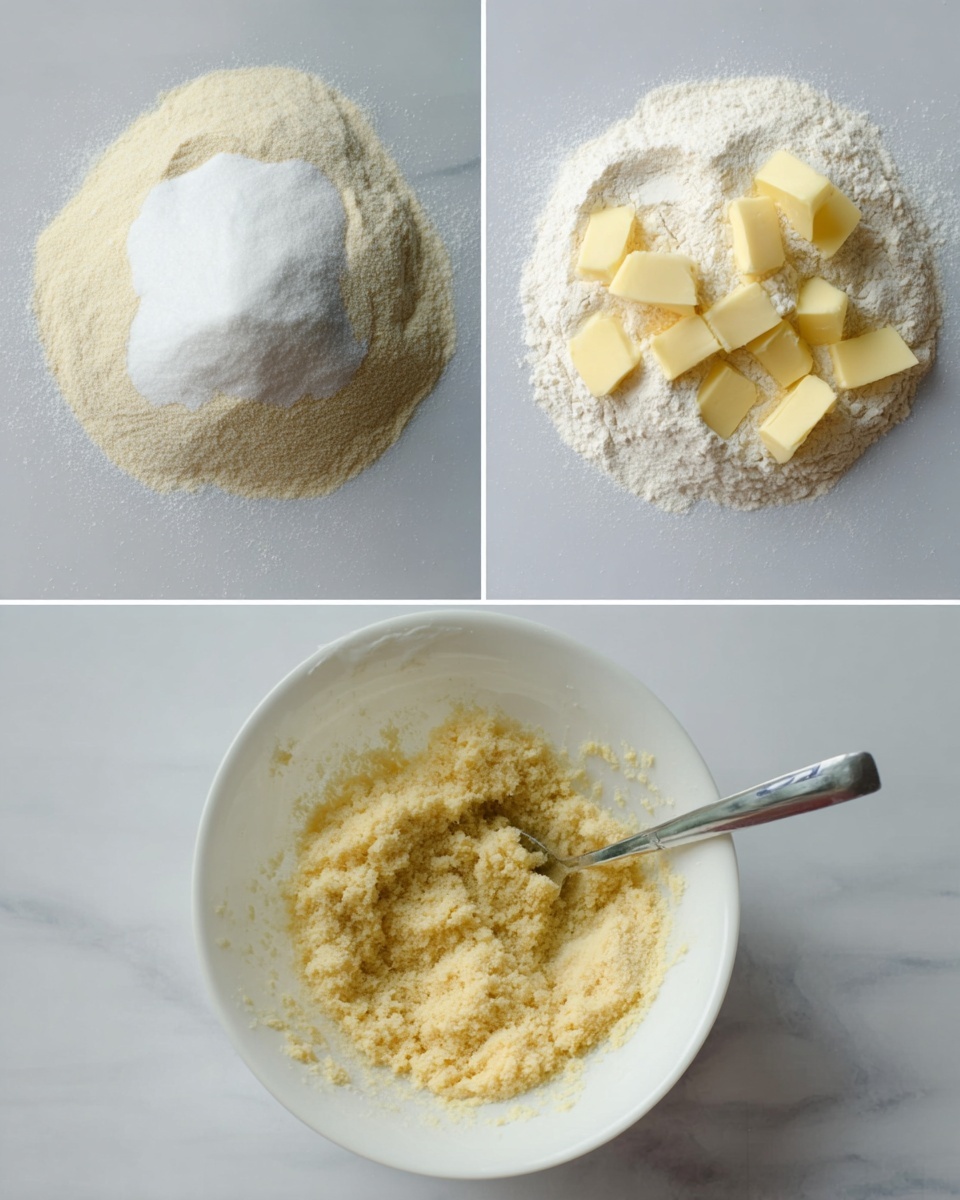 The first image shows a clear white bowl filled with white sugar and flour layers, with the sugar forming a mound on top. The second image displays the same clear white bowl with flour and sugar, but now small chunks of yellow butter are placed on top, scattered evenly across the surface. In the third image, the clear white bowl holds a crumbly yellowish mixture combining the flour, sugar, and butter, with a metal fork resting inside on the right side. The bowl is placed on a white marbled surface. Photo taken with an iphone --ar 4:5 --v 7