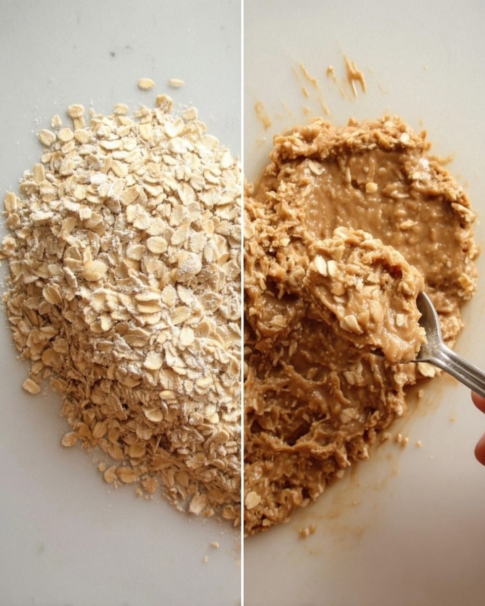 The image shows two sections placed side by side on a white marbled surface. On the left, there is a mound of pale beige rolled oats with a dry and flaky texture. On the right, the same oats are mixed with a sticky brown paste, forming a dense, slightly clumpy heart shape with visible oat flakes embedded in the mixture. A metallic spoon is held by a woman's hand above the oats on the left side. photo taken with an iphone --ar 4:5 --v 7