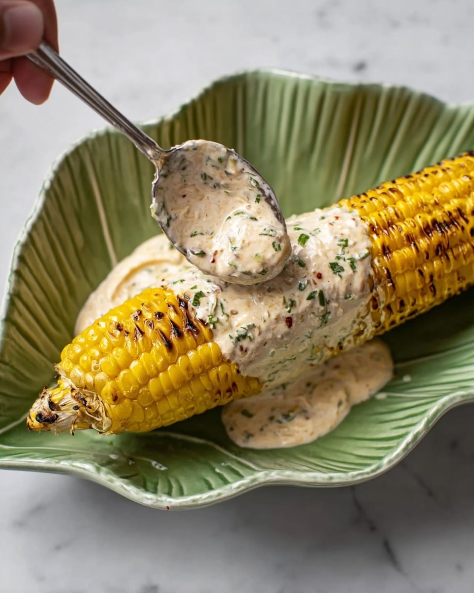 A grilled corn on the cob with yellow kernels showing dark grill marks sits on a white leaf-shaped dish, covered partially with a thick creamy sauce that is off-white with small green and red specks. A silver spoon held by a woman's hand is spreading the sauce over the corn. The dish is placed on a white marbled surface. photo taken with an iphone --ar 4:5 --v 7