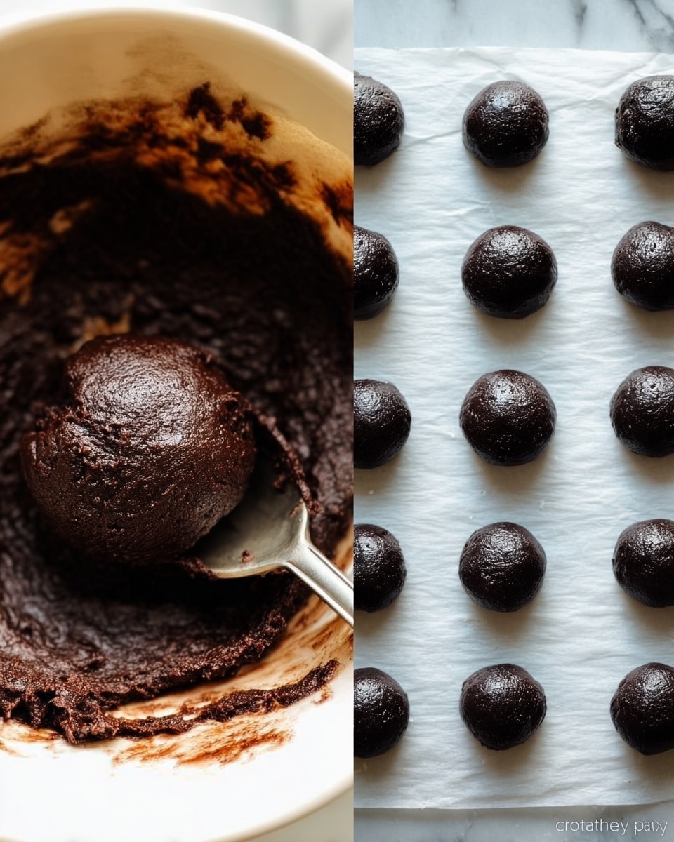 The image shows two stages of dark chocolate dough preparation. On the left, there is a close-up of a bowl filled with thick, dark brown dough that has a dense and slightly rough texture, with a spoon partially dipped in it. On the right, several rounded dough balls with a smooth, shiny surface and deep black-brown color are neatly placed on white parchment paper, arranged in rows with space between each ball. The background and surface are a white marbled texture. photo taken with an iphone --ar 4:5 --v 7