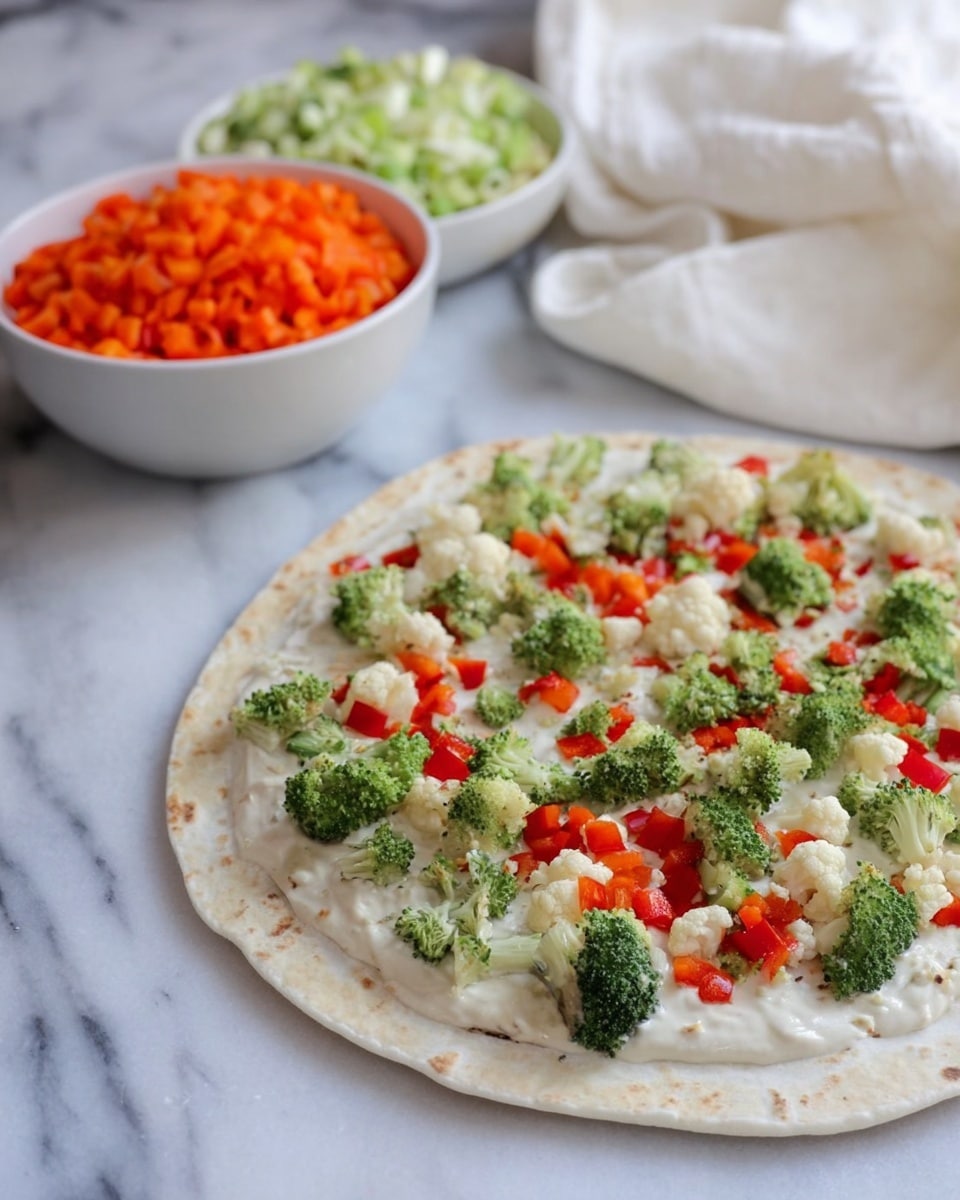 A round flatbread lies on a white marbled surface, spread with a light cream sauce base that is smooth and evenly covered. On top, there are small green broccoli florets scattered across, along with small pieces of white cauliflower and bright red bell pepper chunks. In the background, a white bowl holds separated piles of finely chopped vegetables including orange carrots, small white pieces (likely cauliflower), green broccoli bits, and diced red bell pepper. The scene is softly lit, and a white cloth is draped casually to the side. Photo taken with an iphone --ar 4:5 --v 7