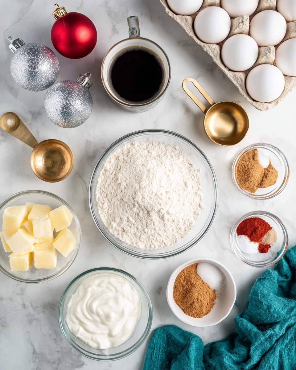 The image shows a top view of baking ingredients laid out on a white marbled surface. There is a clear glass bowl filled with white flour in the center, surrounded by other bowls and items. To the upper right, there's a white carton holding six white eggs. Below the eggs, a gold measuring cup sits empty. Below the flour bowl, a smaller clear glass bowl contains white creamy yogurt-like substance. To the lower left, there is another clear bowl with cubed butter and beside it another clear bowl filled with brown sugar. Near the bottom right, a small white dish holds three types of ground spices in shades of light brown and reddish-brown alongside white baking soda or powder. At the top center, a cup with black liquid, likely coffee or vanilla, is placed. Finally, decorative silver and red Christmas balls are to the upper left, and a teal cloth is placed on the bottom right. Photo taken with an iphone --ar 4:5 --v 7