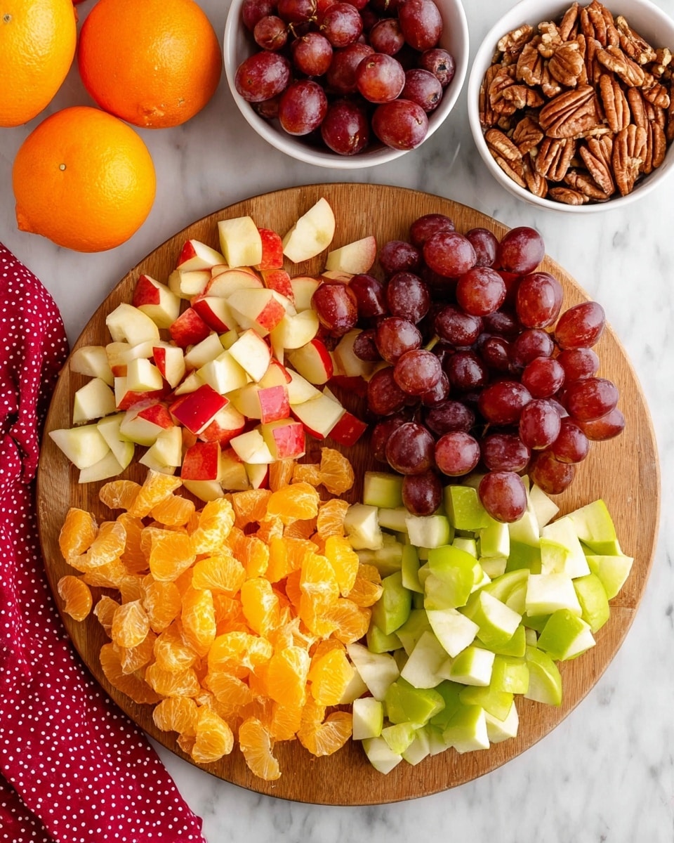 A round wooden cutting board is filled with four types of chopped fruits arranged in separate piles: bright orange pieces at the bottom left, red apple pieces with red skin at the top, red grapes cluster at the right middle side, and green apple pieces at the bottom right. Above the board, there is a white bowl filled with red grapes, two whole oranges to the top left, and a white bowl with pecans to the top right. All items are placed on a white marbled surface, and there is a red polka dot cloth partially visible at the bottom left corner. photo taken with an iphone --ar 4:5 --v 7
