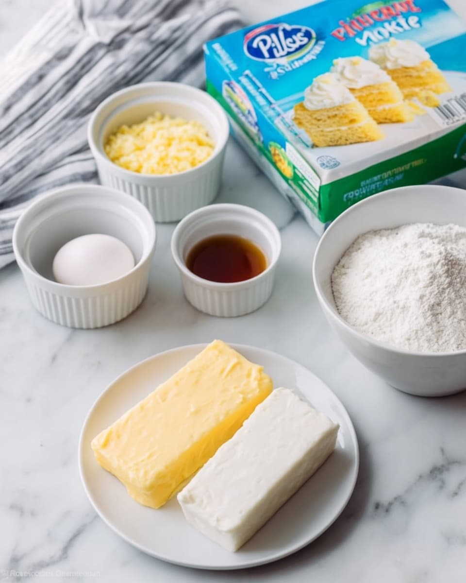 On a white marbled surface, there is a white plate with two thick slabs placed side by side; one slab is a pale yellow with a smooth texture, and the other is white with a soft, creamy texture. Behind the plate, there is a box of Pillsbury pineapple cake mix colored blue and green, showing a picture of a yellow layered cake with white frosting. Surrounding the box are three white ramekins: one filled with finely crushed crushed pineapple, one with a dark brown liquid, and one with a cracked raw egg visible inside. Next to them is a larger white bowl filled with a white powdery substance, likely flour or powdered sugar. A striped white and gray towel is partially visible on the left side. photo taken with an iphone --ar 4:5 --v 7