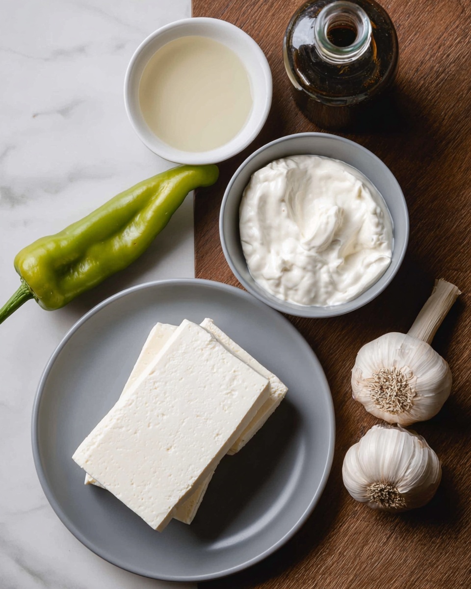 Two white blocks of cheese lie flat on a gray plate at the bottom center of the image. Above and to the right is a gray bowl filled with a dollop of thick white cream. To the left of the bowl is a small white dish with light beige liquid. A light green chili is placed diagonally along the upper left side. Two bulbs of garlic are on the right side near a clear glass bottle with dark liquid inside. The setup rests on a white marbled surface. Photo taken with an iphone --ar 4:5 --v 7