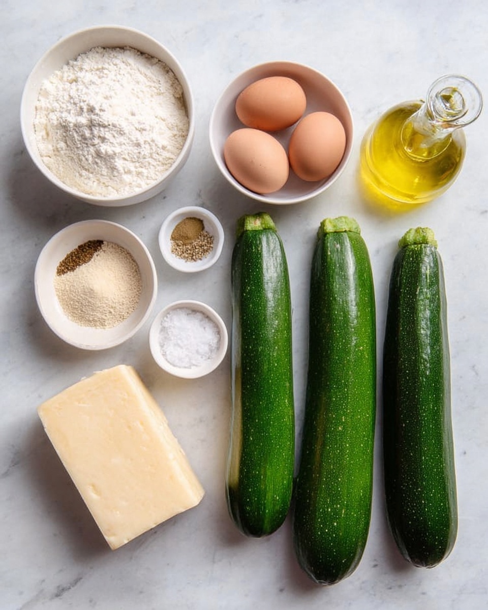 The image shows ingredients arranged neatly on a white marbled surface. On the right, there are three long, green zucchinis with smooth, slightly shiny skins. To the left of the zucchinis, there is a white bowl filled with white flour, next to it a white bowl with two brown eggs. Above the eggs, there is a small white bowl with a mix of spices in beige and brown shades. Next to these, there is a block of pale yellow cheese with a slightly rough surface and a clear glass bottle filled with golden olive oil. In the bottom right corner, there is a very small white bowl containing white salt. photo taken with an iphone --ar 4:5 --v 7