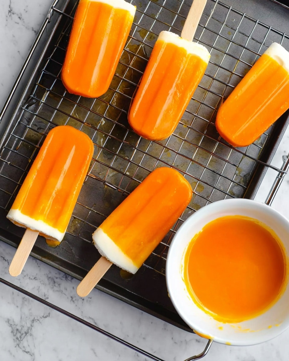 Five bright orange and white popsicles with wooden sticks rest on a metal rack over a black tray catching drips of melted orange liquid beneath them. The popsicles have a smooth, shiny texture with the orange layer covering most of each one and a white tip at the bottom near the stick. Below, a white bowl filled with the same glossy orange liquid sits on a white marbled surface. The scene is well-lit, highlighting the vivid colors and smooth surfaces. photo taken with an iphone --ar 4:5 --v 7