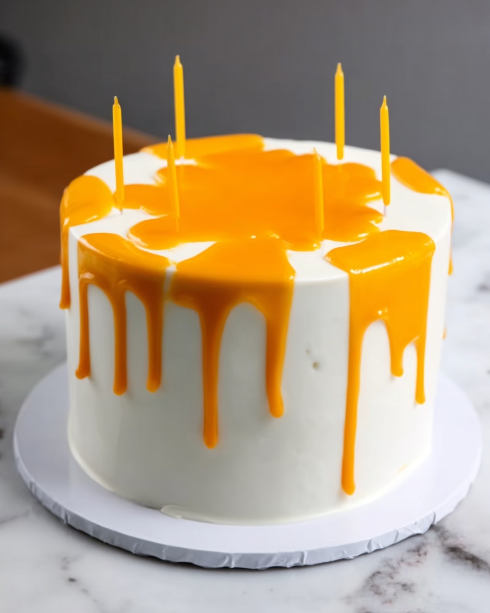 A round white frosted cake with smooth sides sits on a white cake board on a white marbled surface. The top of the cake has bright orange glaze poured in a cross shape with the glaze dripping down the sides in even streams. Four yellow candles stand upright near the edges of the cake on top of the orange glaze. The background is softly blurred. photo taken with an iphone --ar 4:5 --v 7