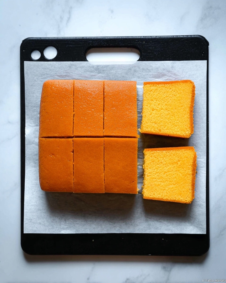 A rectangular orange sponge cake is placed on white baking paper on a black cutting board with a round hole in the top left corner. The cake is divided into five pieces: three large square pieces at the top and two smaller rectangular pieces at the bottom right. The surface of the cake is smooth and even, showing a soft texture. The black cutting board rests on a white marbled surface. Photo taken with an iphone --ar 4:5 --v 7