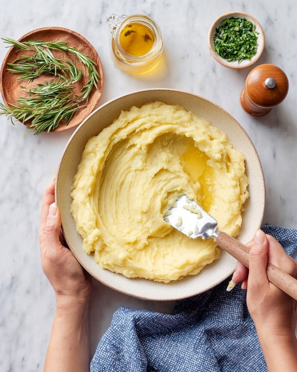 In the image, a white ceramic bowl holds a single thick layer of smooth, creamy mashed potatoes with a pale yellow color and soft texture, being stirred with a spatula that has a wooden handle and a metal blade. The woman's hand holding the bowl is visible on the left side, while another woman's hand is stirring with the spatula on the right side. The bowl sits on a white marbled surface. Around the bowl, there is a small wooden plate with green rosemary sprigs, a clear glass jar with golden oil, a wooden pepper grinder, and a small wooden bowl filled with chopped green herbs. A blue checkered cloth is partially visible next to the bowl. Photo taken with an iphone --ar 4:5 --v 7