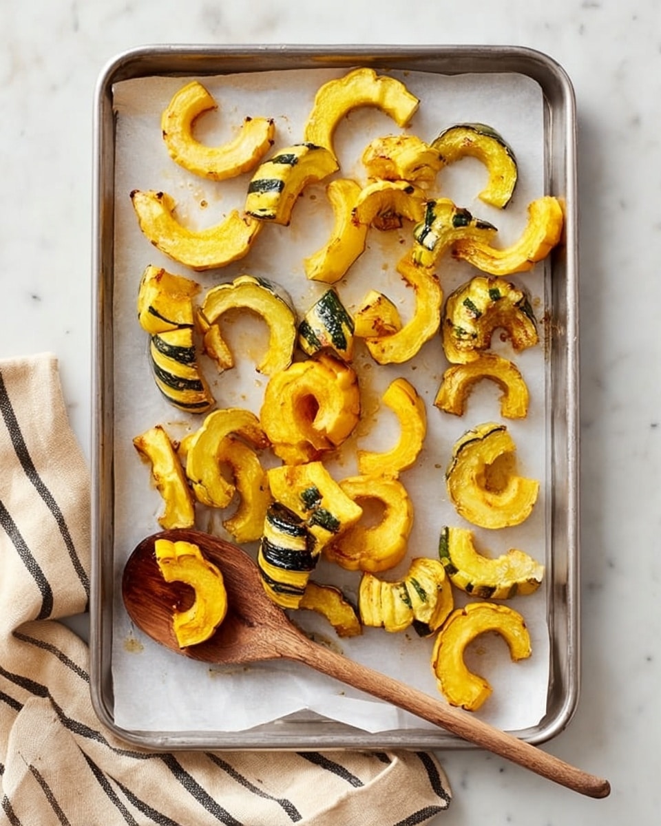 The image shows a silver baking tray lined with white parchment paper filled with roasted yellow and green striped squash pieces. The squash is mostly sliced into curved crescent shapes and some are whole small round squash. The roasted pieces have a slightly browned, crispy texture with a bright yellow-orange color and distinct dark green stripes on some chunks. A wooden spoon sits on the tray towards the bottom left with two squash pieces resting on it. The tray is set on a white marbled surface with a folded light beige cloth with thin dark stripes on the lower left corner. photo taken with an iphone --ar 4:5 --v 7
