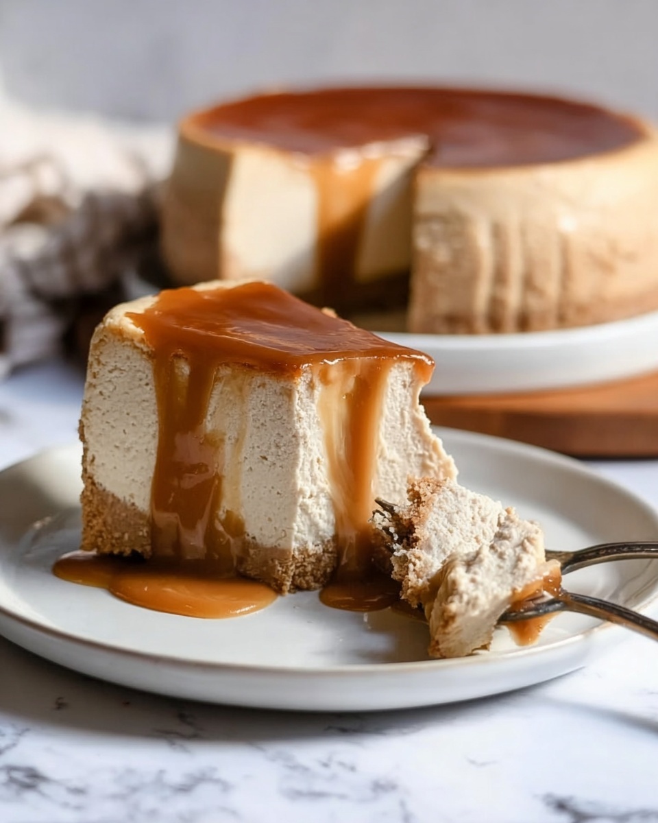 The image shows a slice of cheesecake on a white plate with a thick, smooth layer of caramel sauce dripping over the top and slightly down the side. The cheesecake has a creamy, pale beige filling with a textured, crumbly light brown crust holding it together. A fork is on the plate, with a piece of the cheesecake and some caramel on it, and a woman's hand is just touching the fork. In the background, the rest of the cheesecake sits on a white plate, with the same caramel layer on top. The surface beneath the plate has a white marbled texture. Photo taken with an iphone --ar 4:5 --v 7