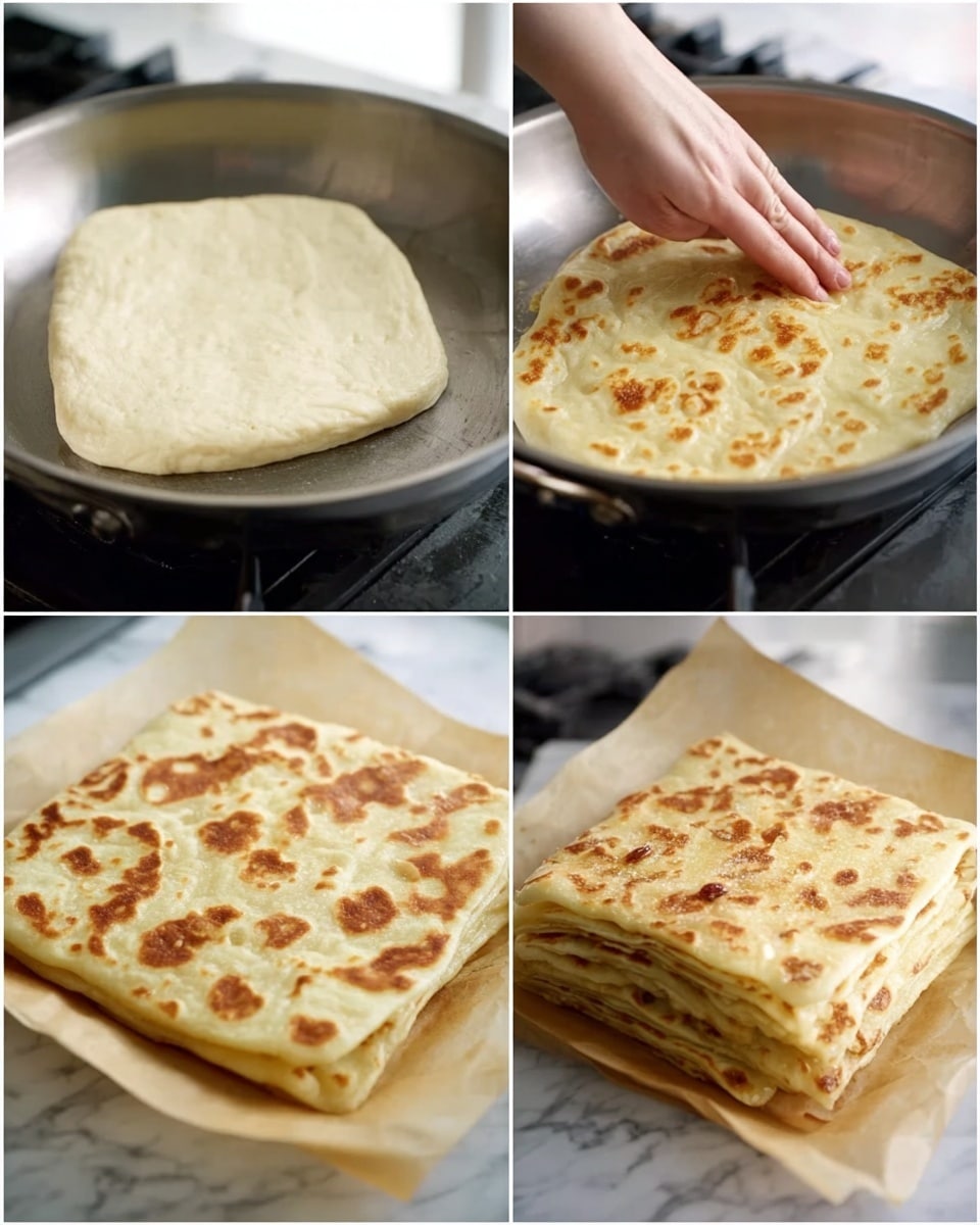 The image shows four steps of making a square flatbread in a metal pan on a stove. In the first frame, a pale, soft, square flatbread dough lies flat in the pan. In the second frame, a woman's hand is pressing down on the golden-spotted dough to shape it. In the third frame, the cooked flatbread is lightly browned with uneven golden patches and small puffed-up areas. In the last frame, a stack of multiple square flatbreads, each with similar golden-brown spots, sits on parchment paper over a white marbled surface. Photo taken with an iphone --ar 4:5 --v 7