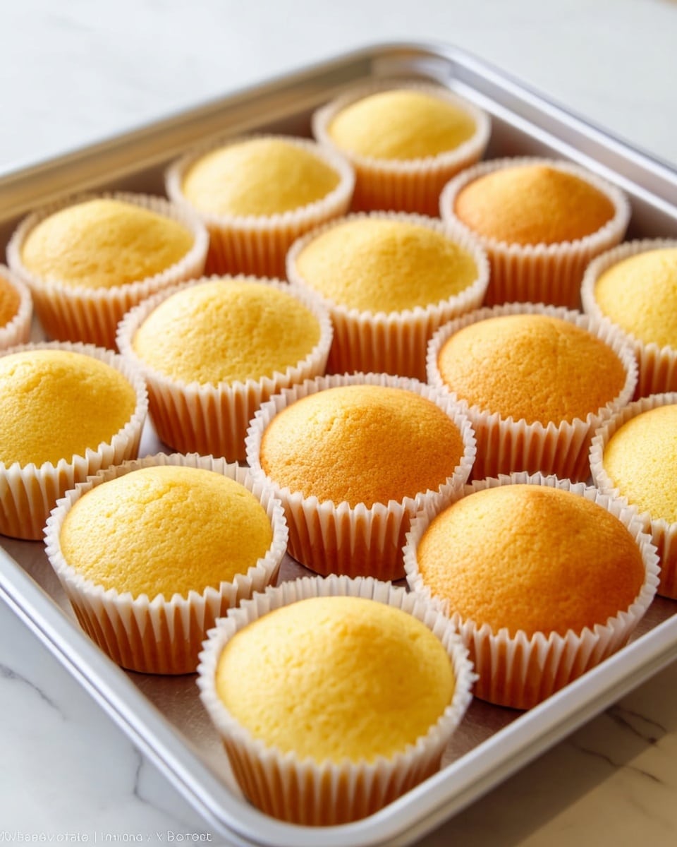 The image shows a silver baking tray filled with 16 golden yellow cupcakes in white paper liners. The cupcakes have a smooth, slightly domed top with a soft texture, arranged in four uneven rows, some overlapping each other. The tray sits on a white marbled surface, providing a clean and bright background. photo taken with an iphone --ar 4:5 --v 7