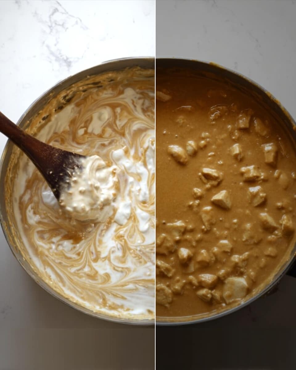 The image shows two side-by-side close-up views of a pot with food inside on a white marbled surface. The left side shows a creamy mix with white and light brown swirls being stirred by a dark wooden spoon, the texture is thick and smooth with some lumps visible. The right side shows the same pot filled with a thick brown sauce with small chunks of light-colored meat spread evenly throughout, the sauce looks rich and creamy. photo taken with an iphone --ar 4:5 --v 7