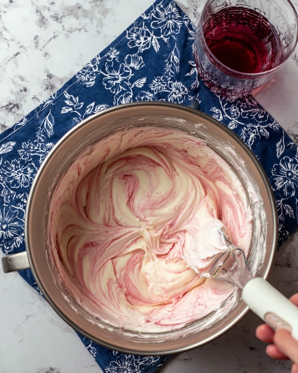 A metal mixing bowl filled halfway with a creamy batter that has swirls of light pink and white mixed together in a marble pattern, giving it a smooth, soft texture. The bowl is set on a white marbled surface with a navy blue cloth with white floral patterns nearby, and a clear glass with a dark red liquid is placed above the bowl. A clear mixing spatula rests inside the bowl, partially covered with the batter, with a woman's hand holding the spatula. photo taken with an iphone --ar 4:5 --v 7