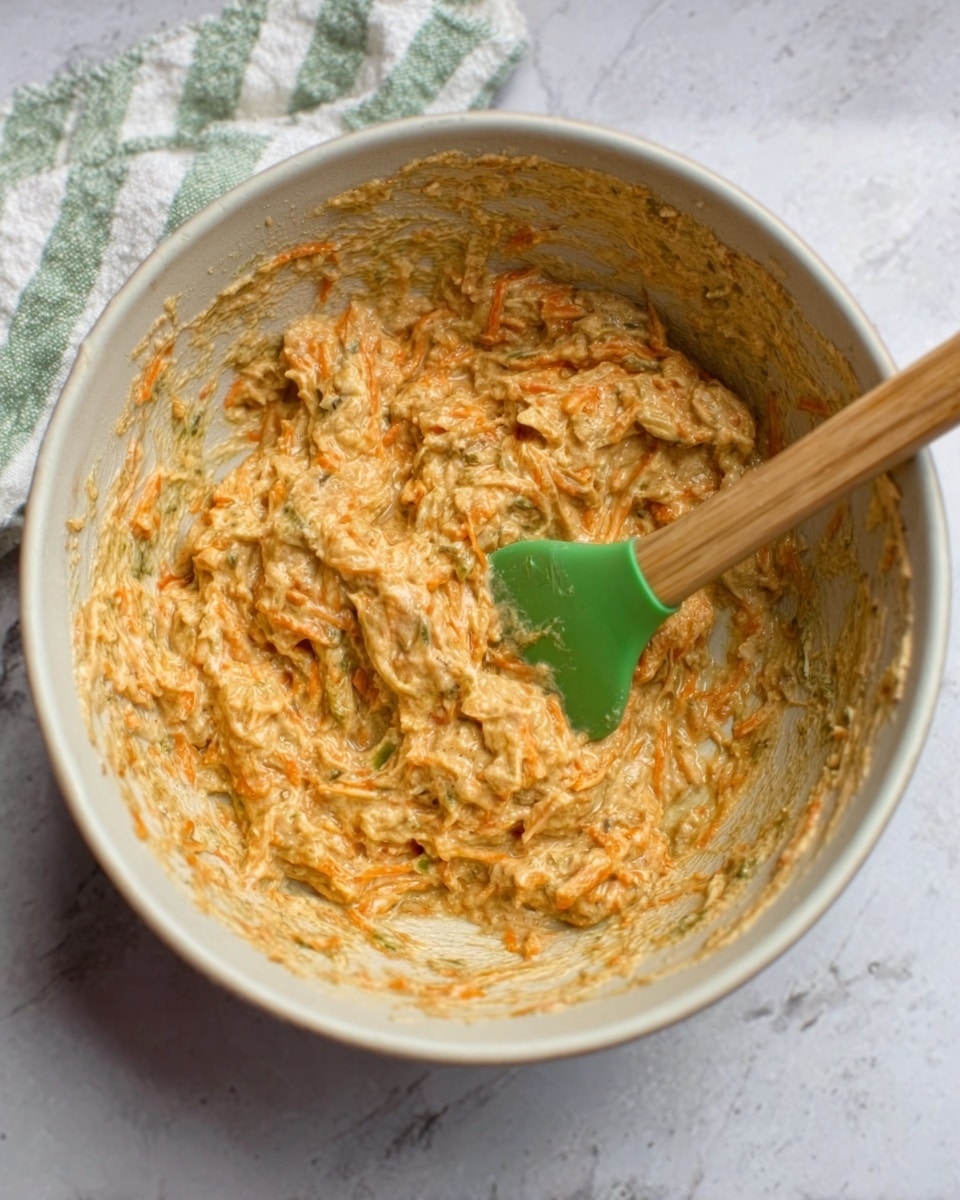 A white bowl filled with a thick, chunky mixture that looks like a blend of shredded orange and white ingredients combined in a creamy sauce. A green spatula with a wooden handle rests inside the bowl, partially covered with the mixture. The bowl sits on a white marbled surface with a part of a white and green striped cloth nearby. The texture appears moist and somewhat coarse. photo taken with an iphone --ar 4:5 --v 7