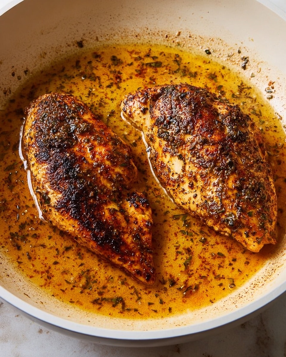 Two pieces of cooked chicken are in a white pan filled with a golden-brown sauce that has small specks of herbs and spices. The chicken is browned with a slightly charred texture on top, showing a well-seasoned crust. The surface around the chicken is shiny with oil or butter, giving it a rich look. The pan edges are white and clean, placed on a white marbled surface. Photo taken with an iphone --ar 4:5 --v 7