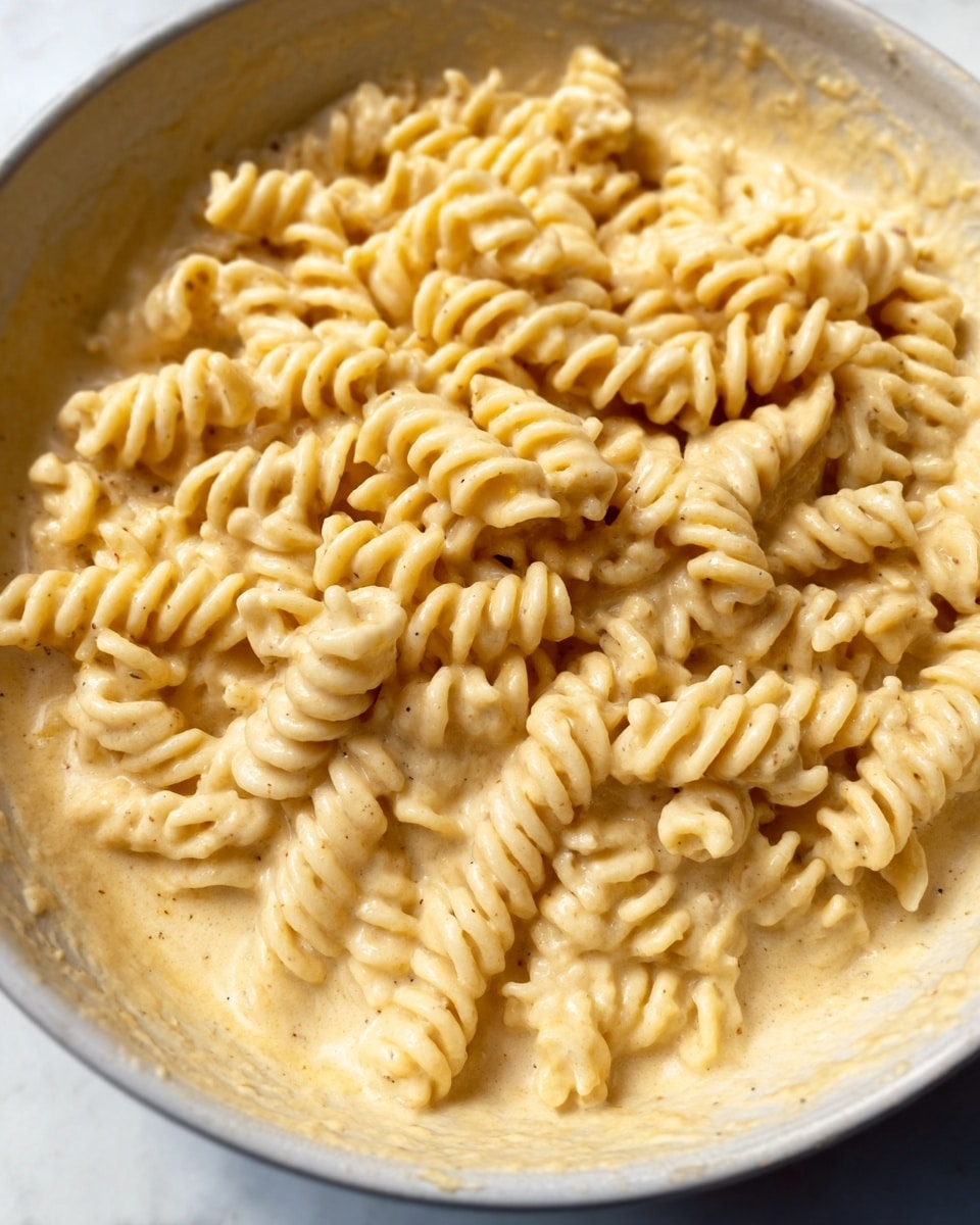 This image shows a close-up of a creamy pasta dish with short, spiraled noodles covered evenly in a thick, pale yellow sauce. The pasta is in a round white bowl, and the sauce looks smooth and rich, coating every piece of pasta well. The background is a white marbled surface, giving a clean and bright look to the scene. photo taken with an iphone --ar 4:5 --v 7