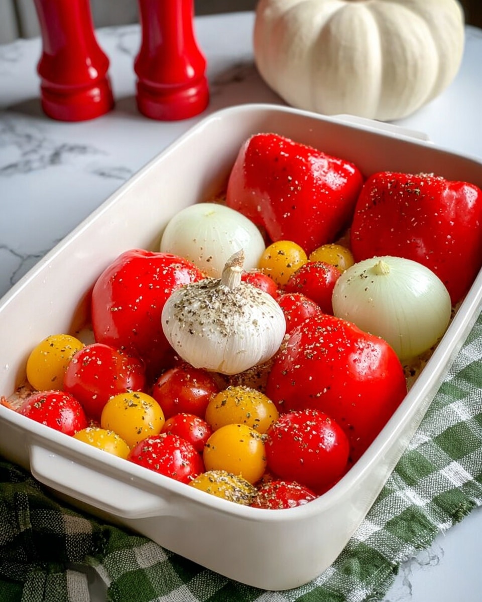 A white rectangular baking dish holds a colorful mix of fresh vegetables. There are two large red bell peppers placed diagonally opposite each other, along with two white onions near the edges. Four smooth red tomatoes and several small round cherry tomatoes in red and yellow fill the space between. In the center, a whole garlic bulb rests on top of the cherry tomatoes, all sprinkled with coarse black pepper and bits of seasoning. The dish sits on a green and white checkered cloth on a white marbled surface, with a white pumpkin and red salt and pepper shakers in the blurred background. Photo taken with an iphone --ar 4:5 --v 7