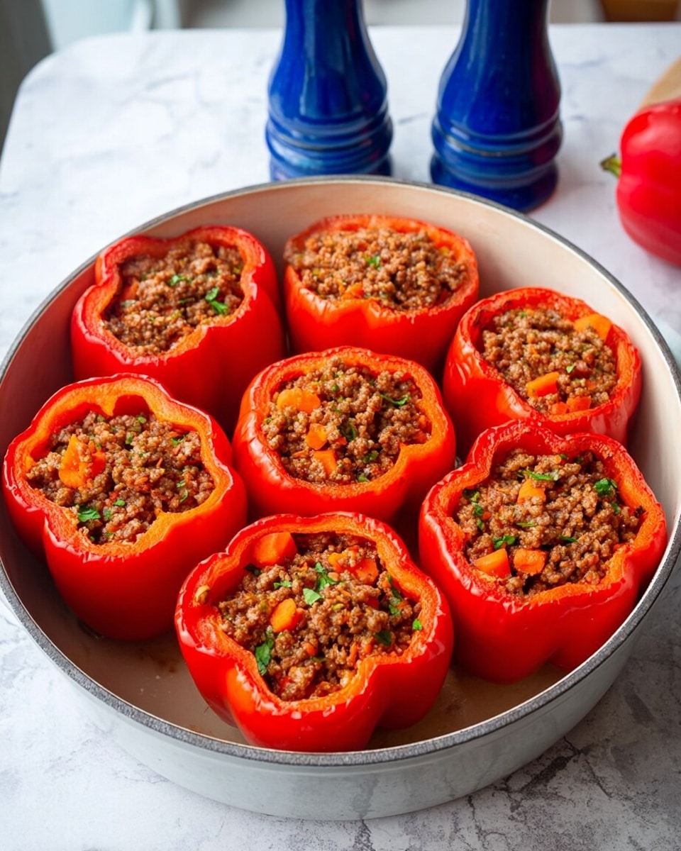 A round white pot filled with six bright red bell peppers standing upright, each pepper hollowed out and generously filled with a mixture of cooked ground meat, small diced orange carrots, and green herbs, creating a textured, chunky brown and orange topping visible at the open tops. The pot sits on a white marbled surface with two tall blue salt and pepper grinders in the background and a partial red bell pepper on the right side. Photo taken with an iphone --ar 4:5 --v 7