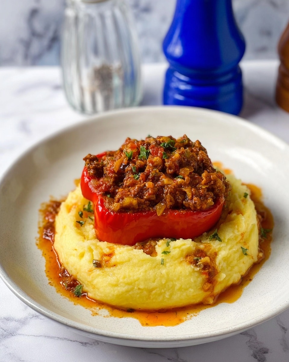 The dish shows a white plate with a smooth, creamy layer of pale yellow mashed potatoes spread in a round shape. On top, there is a vibrant red bell pepper, hollowed out and filled with a rich, chunky brown meat sauce mixed with small bits of green herbs. Some sauce spills slightly onto the mashed potatoes, adding a touch of reddish-brown color contrast. The plate sits on a white marbled surface with a blue pepper grinder and blue container in the background. Photo taken with an iphone --ar 4:5 --v 7