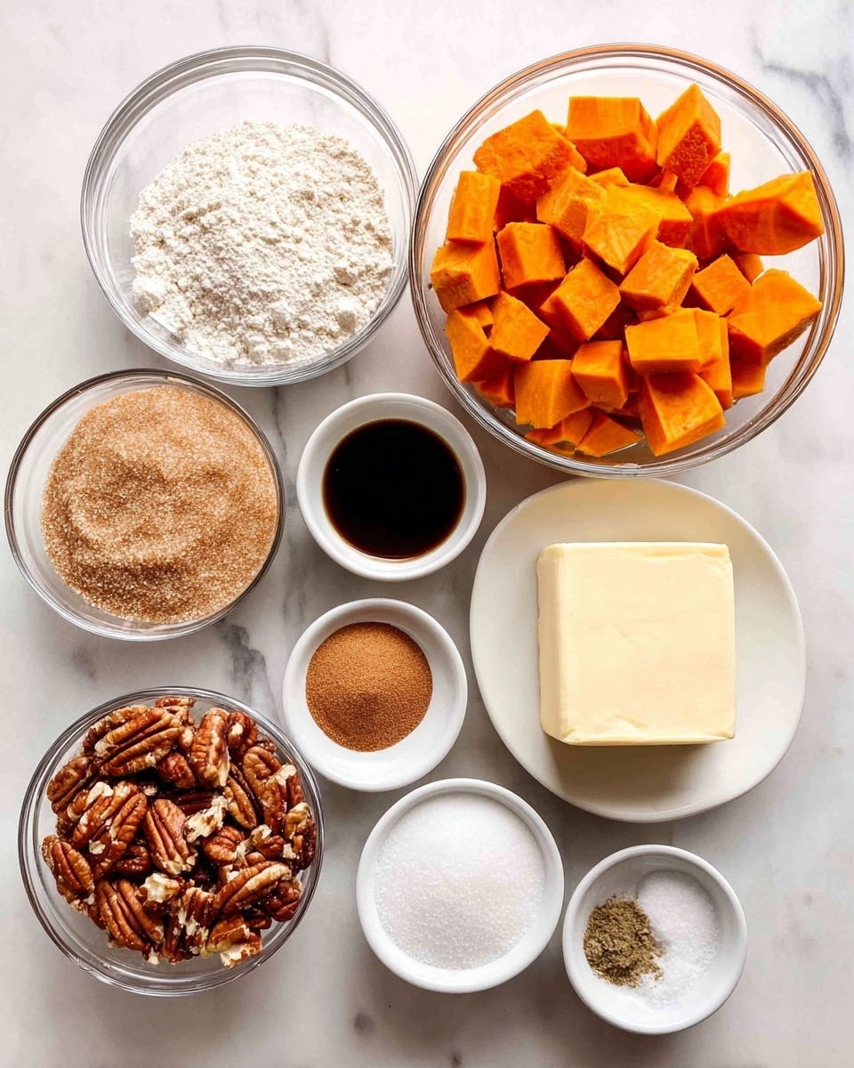 This image shows several clear glass bowls arranged on a white marbled surface, each filled with different ingredients for baking. The largest bowl on the right is filled with bright orange, chunky sweet potato pieces. To the left, there is a bowl filled with light and dark brown sugar, one with small white flour, and another with chopped pecans that are brown and textured. Above the sugar bowls, there is a white plate holding a solid block of pale yellow butter. Next to the butter, small bowls hold a dark liquid vanilla extract, light brown cinnamon powder, white salt, and baking powder, all neatly placed in a row. The overall layout is clean and organized, with a top-down view. Photo taken with an iphone --ar 4:5 --v 7