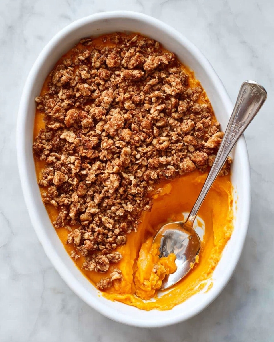 The image shows a white oval baking dish filled with a two-layer dessert on a white marbled surface. The bottom layer is a smooth, bright orange filling, mostly scooped out on one side, revealing a creamy texture. The top layer is a thick, crumbly brown topping made of small crunchy pieces that cover the entire dessert except the scooped area. A silver spoon rests inside the dish with some of the orange filling on it. The photo taken with an iphone --ar 4:5 --v 7