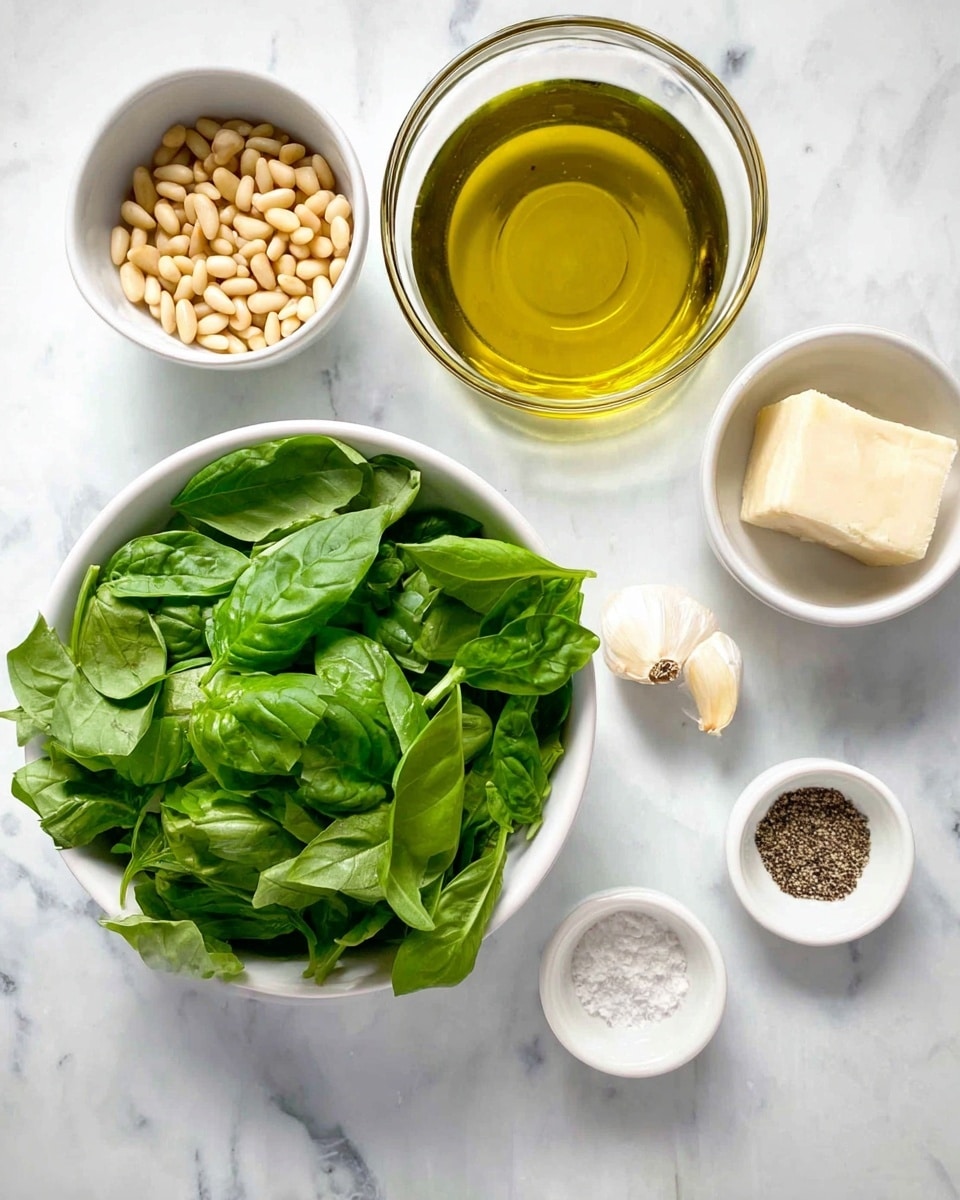 The image shows several small white bowls and a white bowl on a white marbled surface. One white bowl is filled with fresh green basil leaves, covering the bowl fully with a bright, lively texture. Another white bowl holds golden olive oil, clear and shiny. There is a white bowl with small beige pine nuts, another with a chunk of pale yellow Parmesan cheese, one with two peeled garlic cloves, and two small white bowls each containing a pinched amount of black pepper and salt, all arranged neatly with a clean and bright look. Photo taken with an iphone --ar 4:5 --v 7