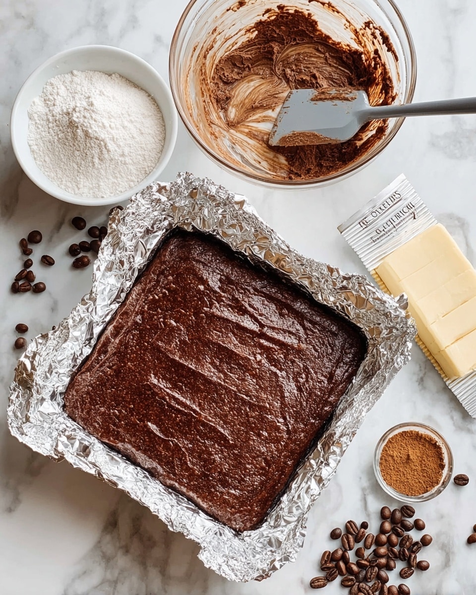 A square baking dish lined with shiny silver foil holds thick, dark brown brownie batter spread evenly inside. Behind the dish, there is a clear glass bowl with some leftover brownie batter and a gray spatula resting in it, both stained with dark brown batter. Near the baking dish, there is a white bowl filled with white powder, a small clear glass bowl with brown cinnamon powder, a wrapped stick of pale yellow butter, and scattered dark brown coffee beans. The scene is set on a white marbled surface. photo taken with an iphone --ar 4:5 --v 7