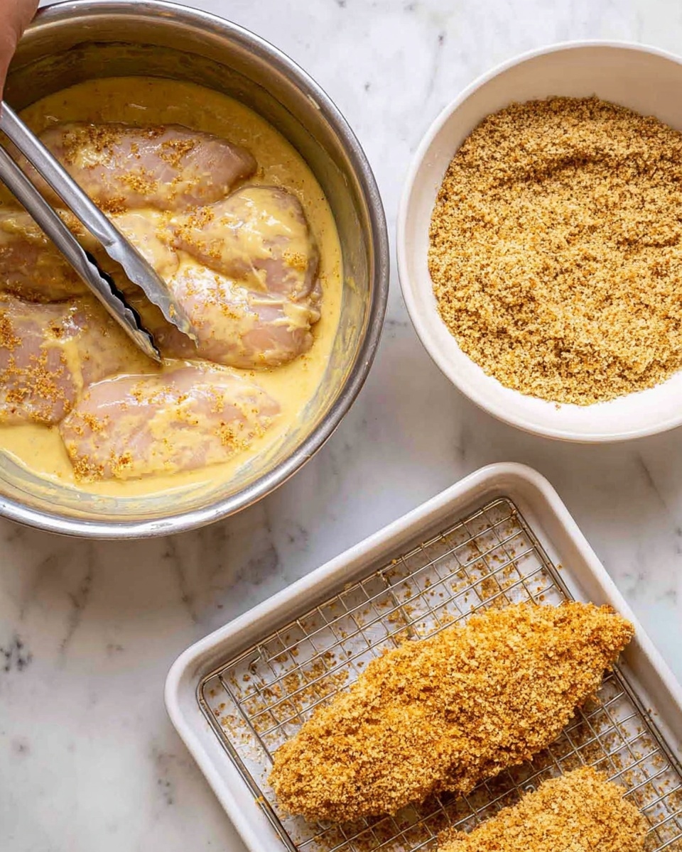 The image shows a cooking setup with three main parts: on the left, a round metal bowl holding raw chicken pieces covered in a light yellow creamy sauce mixed with spices, with a woman’s hand holding silver tongs in the sauce; on the top right, a white bowl filled with coarse golden breadcrumbs where one piece of chicken is being coated, fully covered in crunchy crumbs; and on the bottom right, a white metal tray lined with a wire rack holding a single piece of breaded chicken, showing a textured golden brown layer. The background surface is white marble. photo taken with an iphone --ar 4:5 --v 7