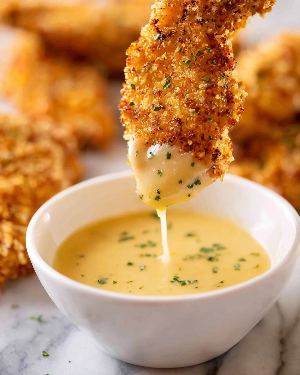 A close-up view of a crispy, golden-brown fried chicken strip being dipped into a small white bowl filled with creamy light yellow sauce. The chicken strip has a textured breadcrumb coating with small green herb flakes sprinkled on it. The sauce clings to the bottom edge of the chicken strip, with a thin drip falling back into the bowl. In the background, there are more fried chicken strips out of focus lying on a white marbled surface. Photo taken with an iphone --ar 4:5 --v 7