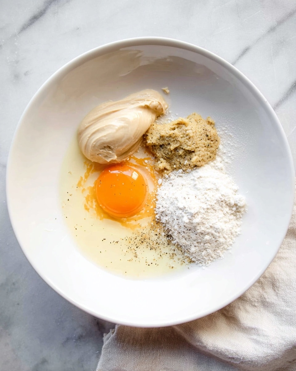 A white bowl sits on a white marbled surface with four main ingredients inside. In the bottom left is a raw egg yolk surrounded by clear egg white, bright orange in color. At the top left, there is a small dollop of pale beige mayonnaise with a smooth, creamy texture. Next to it on the top right is a slightly darker beige dollop of mustard with a grainy texture. On the right side of the bowl, there is a small mound of white flour. Scattered lightly over the middle of the ingredients is some coarse black pepper. A white cloth is partially visible to the right of the bowl. photo taken with an iphone --ar 4:5 --v 7
