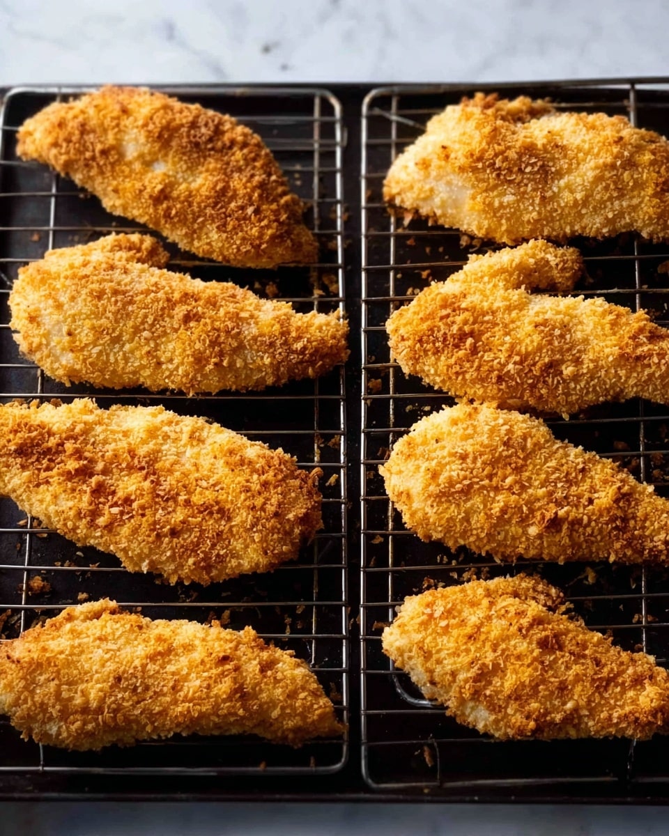 The image shows two black cooling racks on a white marbled surface, each holding five pieces of golden-brown breaded chicken tenders. The tenders have a rough, crispy texture with a crunchy coating. Each piece is placed neatly in a row on the racks, showing slight variations in size and shape. The warm color of the coating contrasts with the dark racks and the white marbled background. photo taken with an iphone --ar 4:5 --v 7