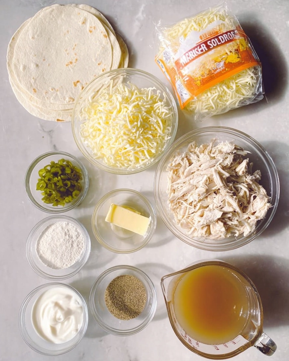 A top-down view of various cooking ingredients arranged neatly on a white marbled surface. At the top, there is a clear plastic package of white flour tortillas with orange and yellow accents. Below it, there is a clear bowl filled with shredded white cheese, and to the right, a clear bowl full of shredded light beige chicken. Beneath the chicken bowl is a glass measuring cup filled with light brown broth. To the bottom left, small clear bowls hold sour cream (white and creamy), green chopped peppers, a small pat of pale yellow butter, white flour, and two small bowls with pale yellow and black powder seasoning. The colors are soft with creamy whites, soft yellows, neutral browns, and green highlights. The scene is bright and clear, photo taken with an iphone --ar 4:5 --v 7