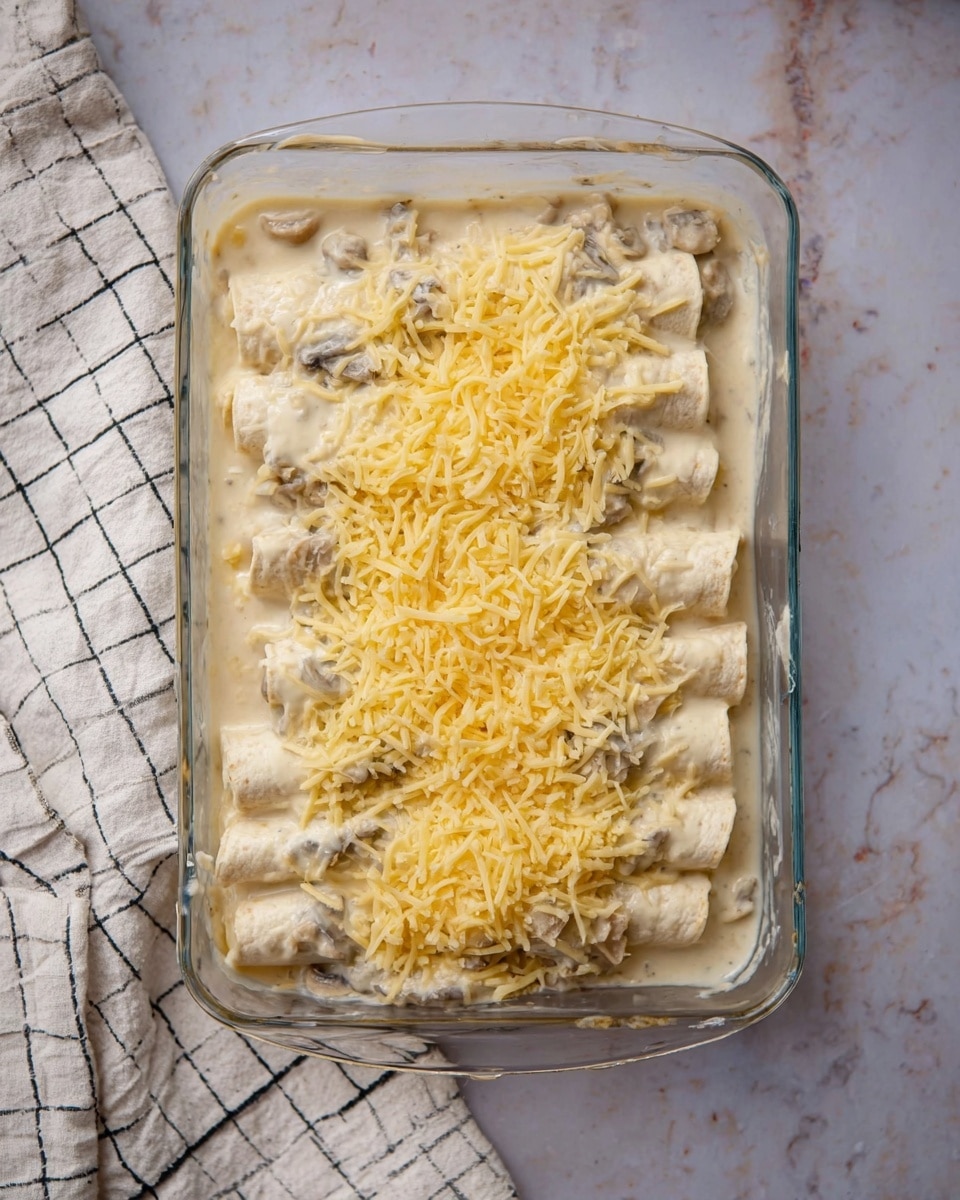 A clear rectangular glass dish sits on a white marbled surface with a white cloth that has black grid lines to the left side. Inside the dish are five rolled tortillas, arranged side by side in a single layer, covered generously with a creamy, light beige sauce that has a smooth texture. On top of the sauce, a layer of small mushroom pieces is spread evenly, followed by a thick layer of shredded yellow cheese covering the entire dish. The overall colors are soft whites, light beige, and yellow, creating a rich and creamy look. Photo taken with an iphone --ar 4:5 --v 7