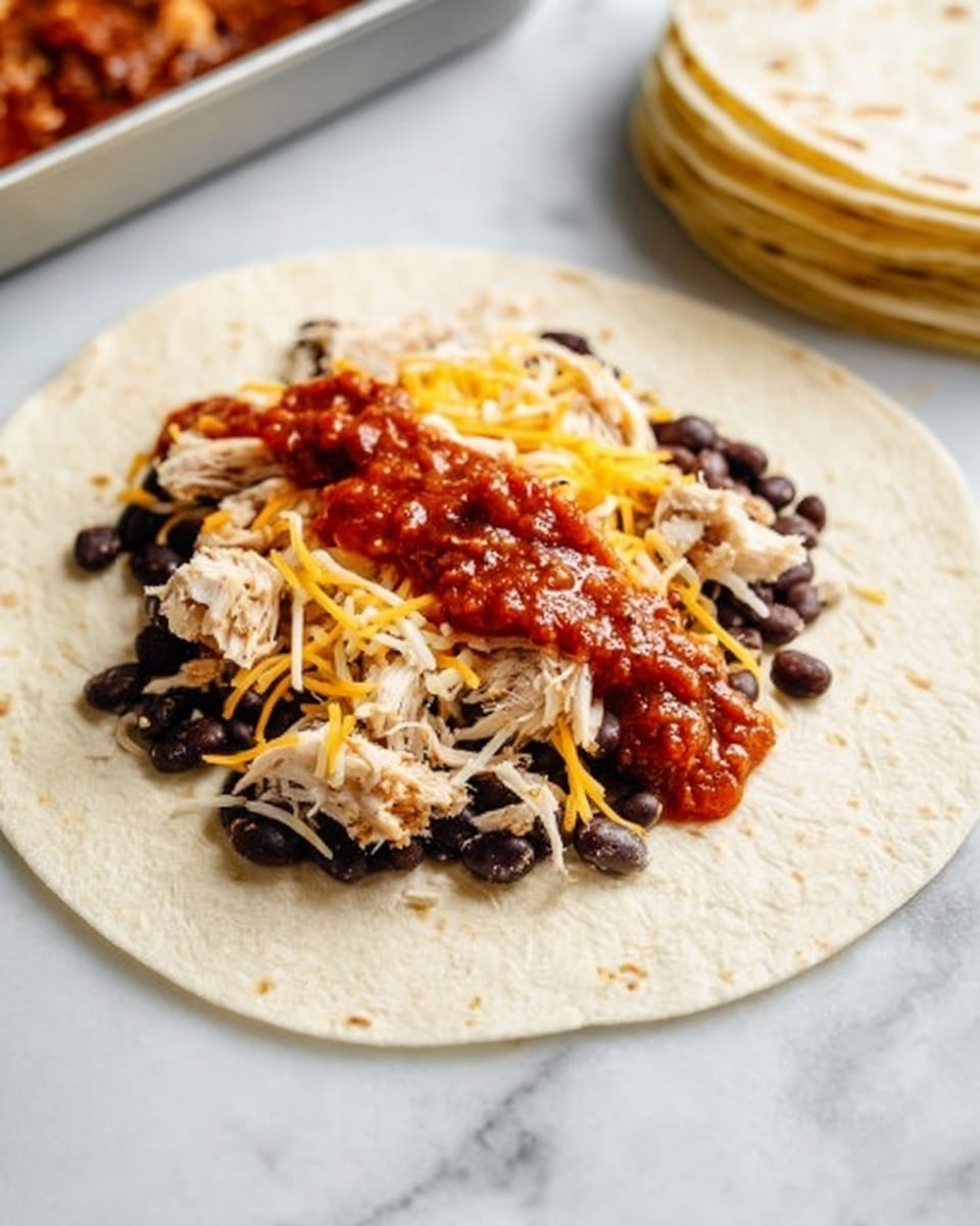 A white soft tortilla lies flat on a white marbled surface, topped with a first layer of cooked black beans spread evenly. On top of the beans, there is a layer of shredded white chicken pieces scattered loosely. A small amount of shredded yellow and white cheese is sprinkled over the chicken, followed by a thick layer of chunky red salsa placed along the center of the tortilla. In the background to the right, there is a small stack of plain white tortillas. Photo taken with an iphone --ar 4:5 --v 7