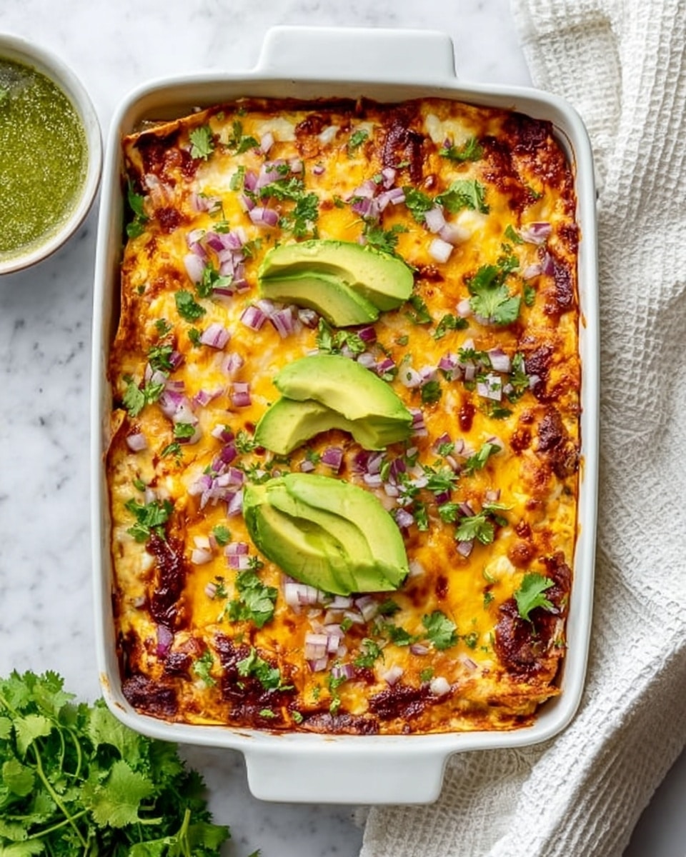 A white rectangular baking dish filled with a layered baked dish, showing a top layer of melted yellow cheese with a slightly browned and bubbly texture, sprinkled with small pieces of chopped purple onion and fresh green cilantro leaves. Three slices of bright green avocado are placed evenly on top, adding a smooth texture contrast. The dish sits on a white marbled surface with a white textured cloth partially visible on the side, along with a small bowl of green sauce and some leafy cilantro in the corner. Photo taken with an iphone --ar 4:5 --v 7