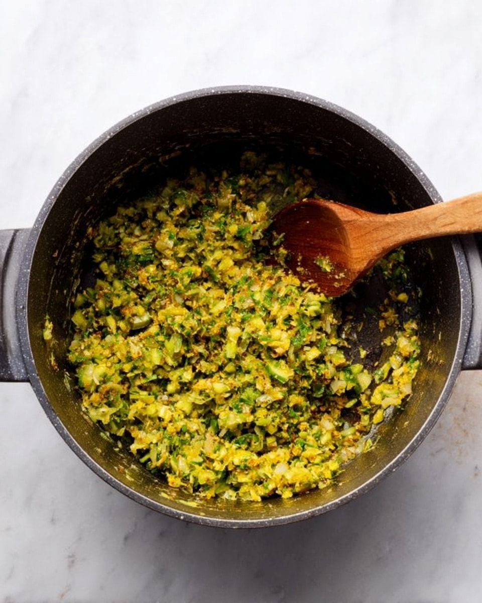 A large black pot is shown from above, filled with a mix of finely chopped yellow and green vegetables or herbs lightly cooked together, creating a soft, textured layer at the bottom of the pot. A wooden spoon with some of the mixture on it rests inside the pot toward the right side. The background is a white marbled surface with subtle gray veining, giving a clean and simple look. photo taken with an iphone --ar 4:5 --v 7