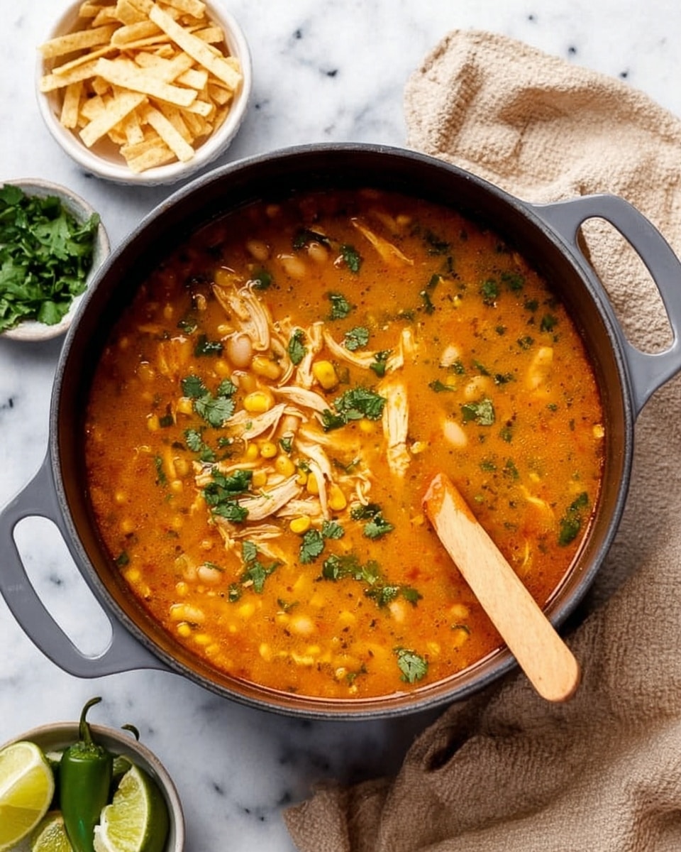 A large gray pot filled with a bright orange soup that has visible chunks of yellow corn, white beans, and shredded bits of chicken, topped with green cilantro leaves scattered on the surface. A wooden spoon rests inside the pot, partially submerged in the soup. Nearby, a small white bowl with thin strips of light yellow tortilla chips sits on the white marbled surface, alongside another white bowl holding lime wedges, fresh green cilantro sprigs, and a dark green jalapeno pepper. The scene includes a beige cloth napkin casually placed on the right side. Photo taken with an iphone --ar 4:5 --v 7