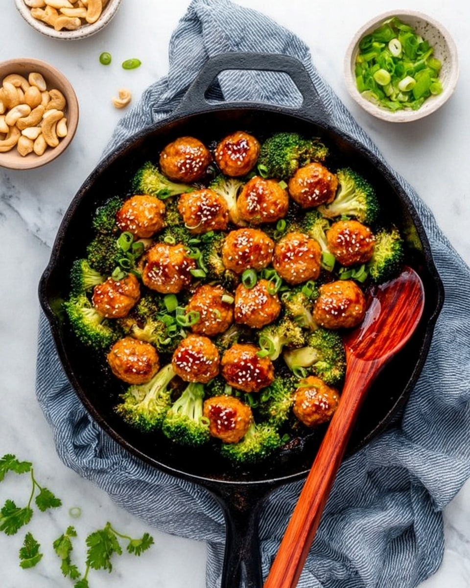 A black cast iron pan filled with two layers: the bottom layer consists of bright green broccoli florets with a fresh, slightly crisp texture, spread unevenly across the pan's base. The top layer features golden-brown meatballs, shiny with a light glaze and sprinkled with sesame seeds, arranged evenly over the broccoli. A wooden spoon with a reddish-brown grain pattern rests inside the pan on the right side, partially touching the meatballs. Around the pan are small bowls with a mix of chopped green onions and light brown cashews, fresh green herb sprigs scattered on the white marbled surface. A neatly folded blue and white striped cloth is placed under the pan's handle. Photo taken with an iphone --ar 4:5 --v 7
